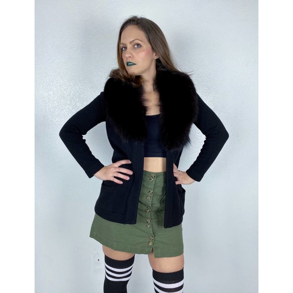 vintage 60s Black Real FOX Fur Collar CASHMERE CARDIGAN Medium real fur draped - Picture 2 of 10